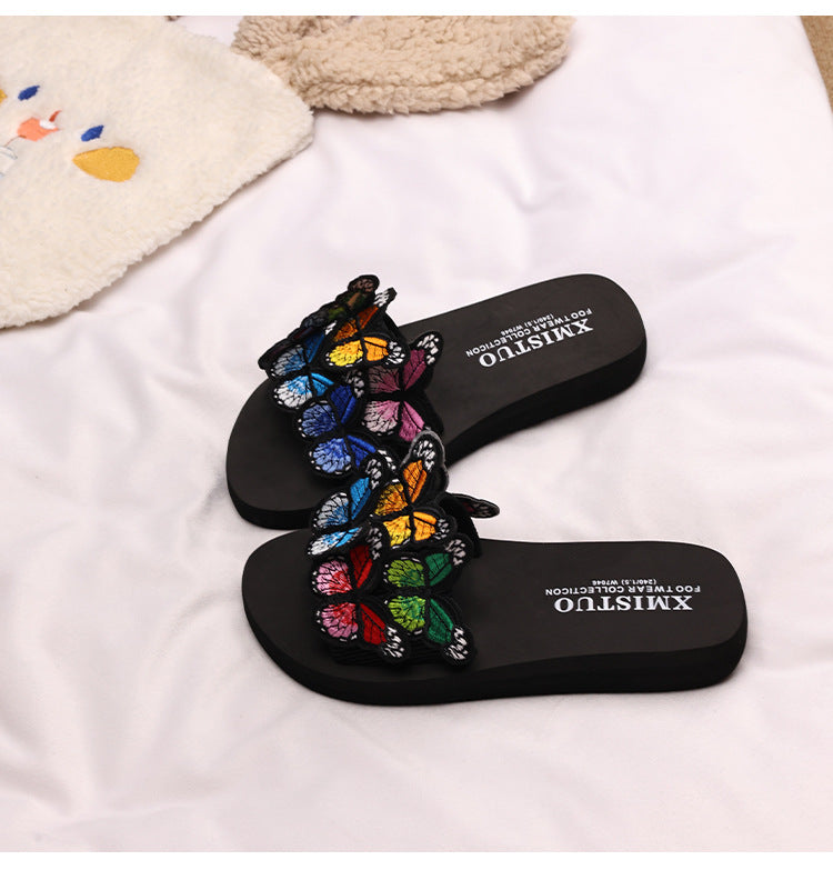Thick-Soled Wedge-Heeled Sandals for Women, Summer Flip-Flops, Fashionable Holiday Slippers, Seaside Embroidered Butterfly Beach Shoes