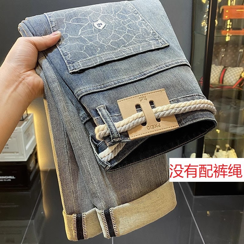 High-End Men's Jeans 2025 Autum New Slim-Fitting Small Straight Pants Trendy Brand Printed Casual Pants for Small Feet