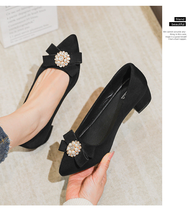 Women's Shallow Slip-On Shoes, 2026 Spring/Summer New Style, Suede with Rhinestones, Comfortable Pointed Toe High Heels, Chunky Heel Loafers