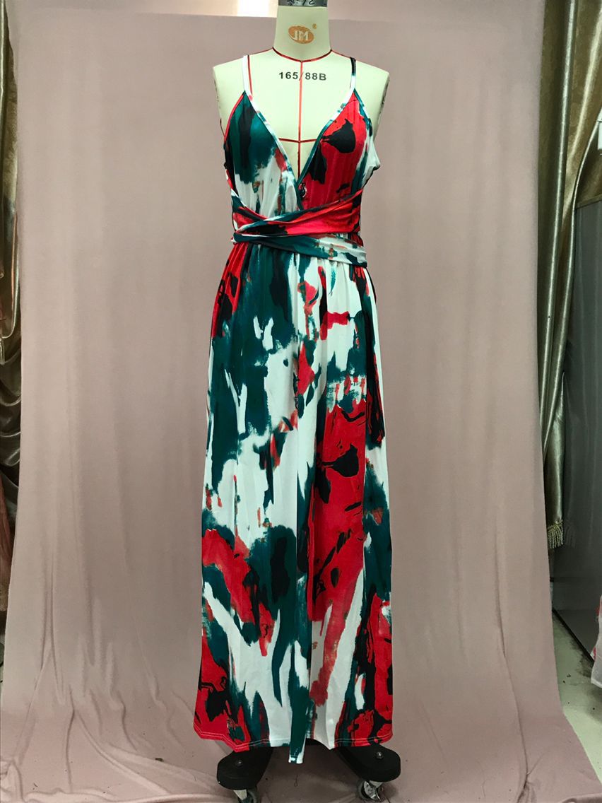 2025 Cross-Border Amazon Spring and Summer New European and American Fashion V Neck Suspender Printed Beach Dress Long Skirt