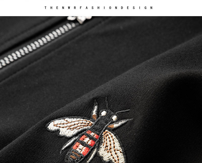 Casual Suit Men's Autumn New Roman Collar Embroidered Bee Jacket Fashionable Brand Youth Sportswear Two-piece Set