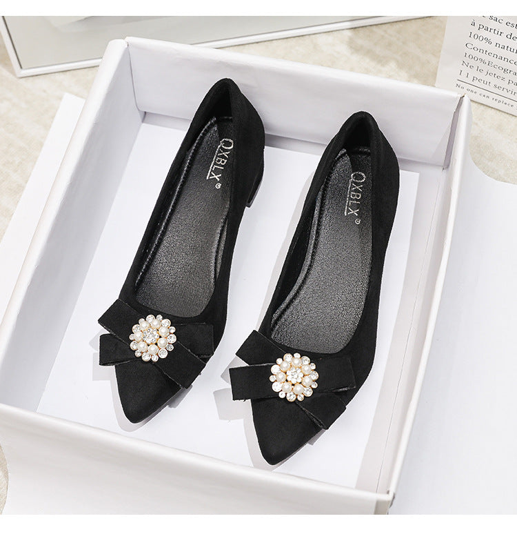Women's Shallow Slip-On Shoes, 2026 Spring/Summer New Style, Suede with Rhinestones, Comfortable Pointed Toe High Heels, Chunky Heel Loafers