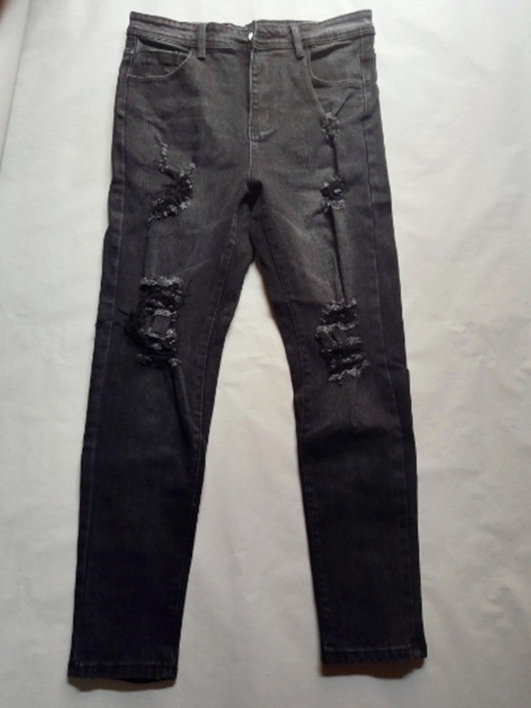 New Trendy European and American Slim-Fit Men's Jeans with Holes, Export Quality Slim-Fit Jeans for Wish Cross-Border Sales