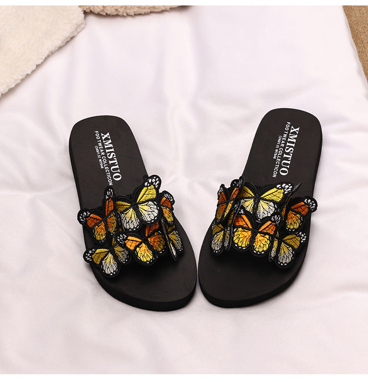Thick-Soled Wedge-Heeled Sandals for Women, Summer Flip-Flops, Fashionable Holiday Slippers, Seaside Embroidered Butterfly Beach Shoes