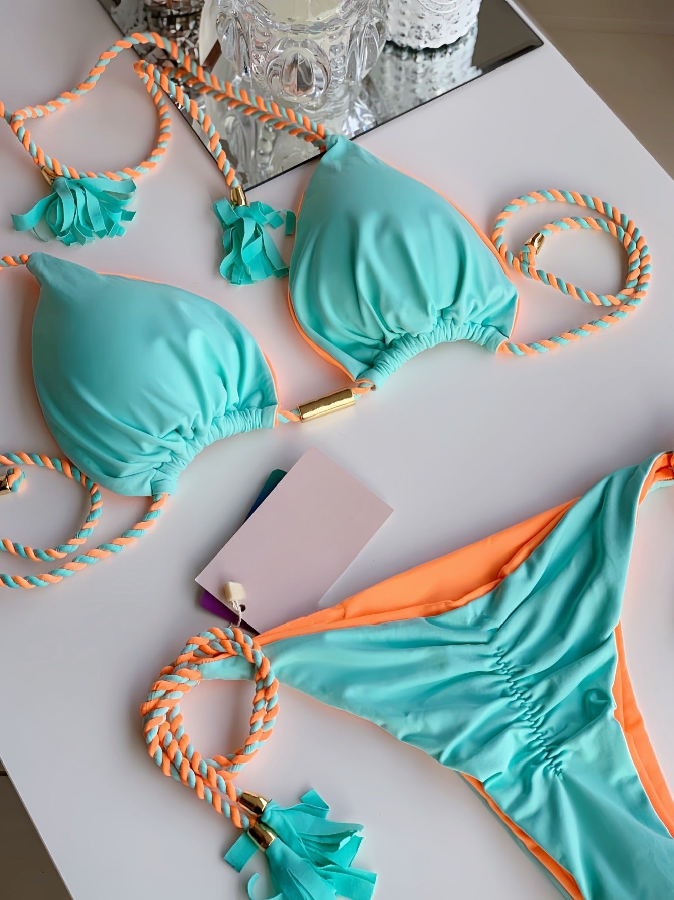 2025 new solid color fabric rope bikini triangle swimsuit Amazon European and American swimsuit in stock