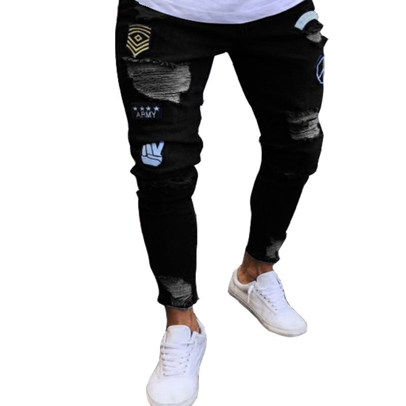 New Trendy European and American Slim-Fit Men's Jeans with Holes, Export Quality Slim-Fit Jeans for Wish Cross-Border Sales