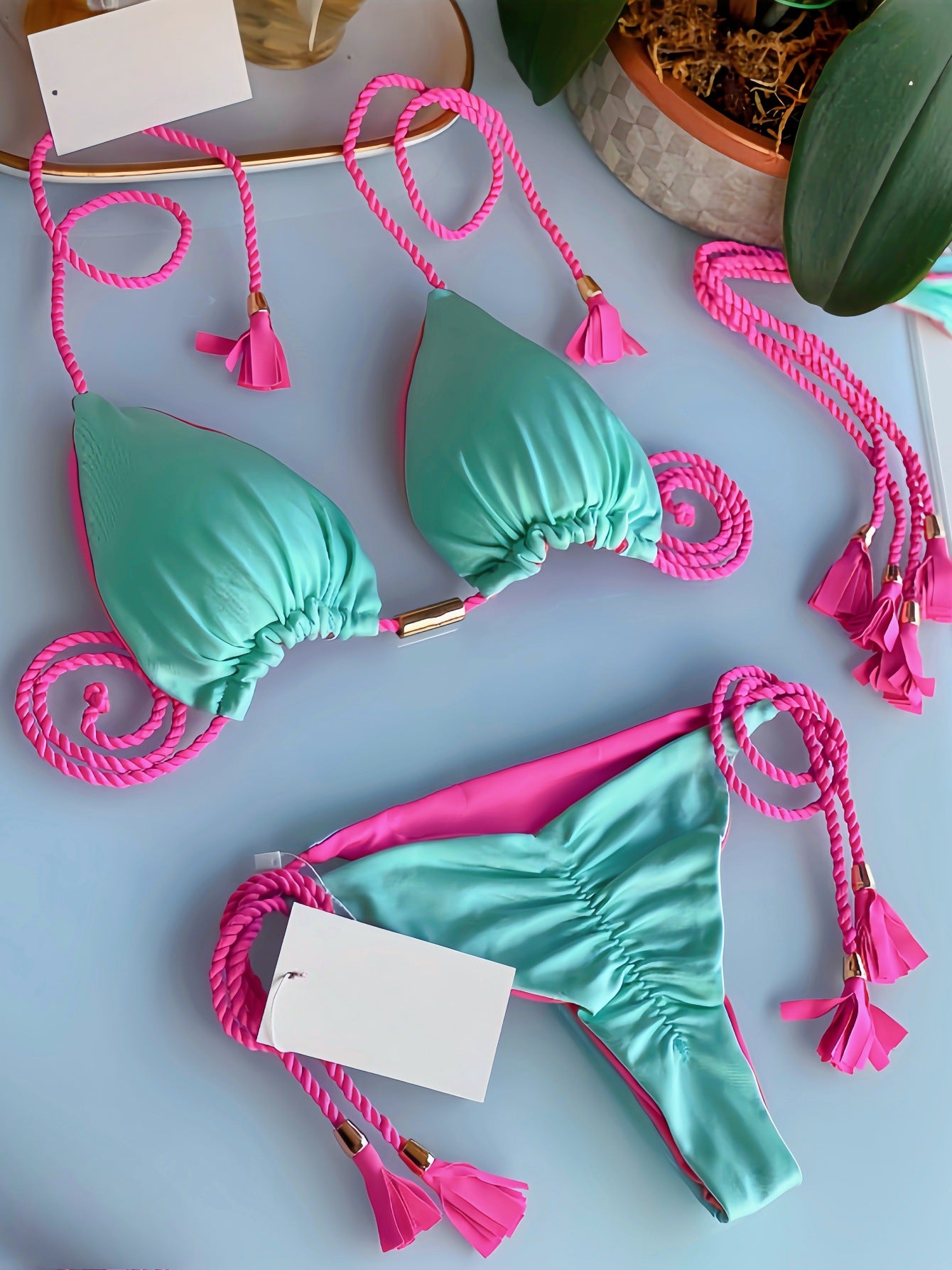 2025 new solid color fabric rope bikini triangle swimsuit Amazon European and American swimsuit in stock