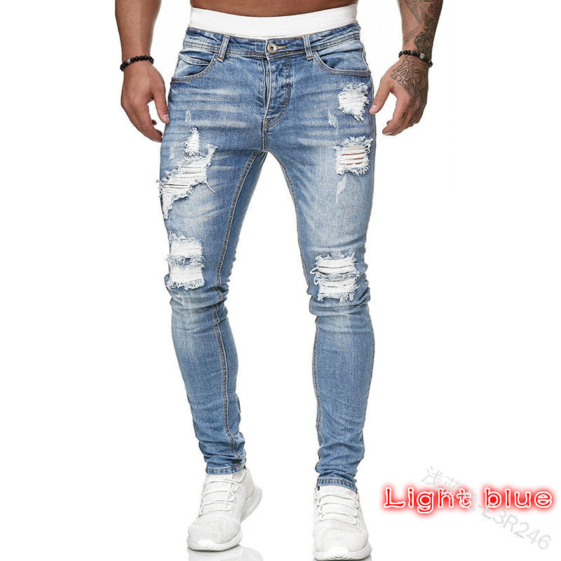 New Trendy European and American Slim-Fit Men's Jeans with Holes, Export Quality Slim-Fit Jeans for Wish Cross-Border Sales