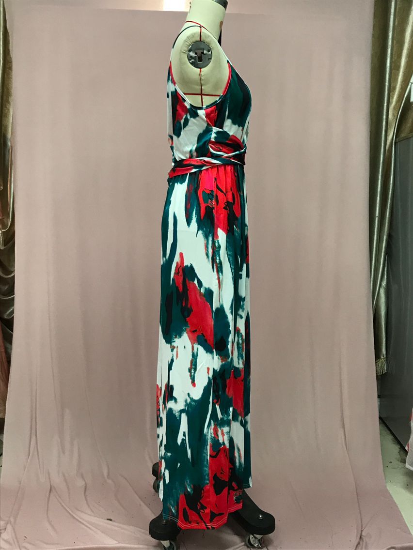 2025 Cross-Border Amazon Spring and Summer New European and American Fashion V Neck Suspender Printed Beach Dress Long Skirt