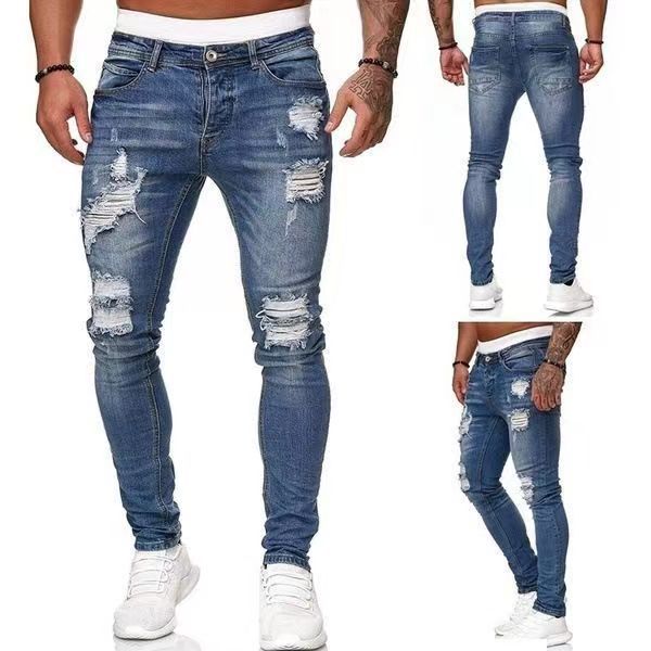 New Trendy European and American Slim-Fit Men's Jeans with Holes, Export Quality Slim-Fit Jeans for Wish Cross-Border Sales