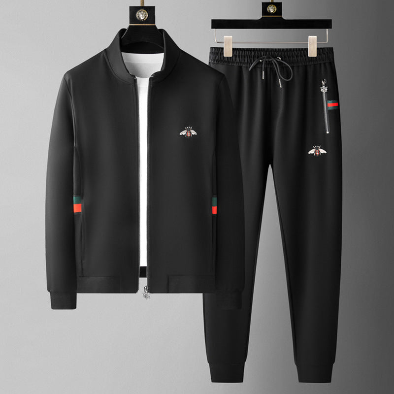 Casual Suit Men's Autumn New Roman Collar Embroidered Bee Jacket Fashionable Brand Youth Sportswear Two-piece Set