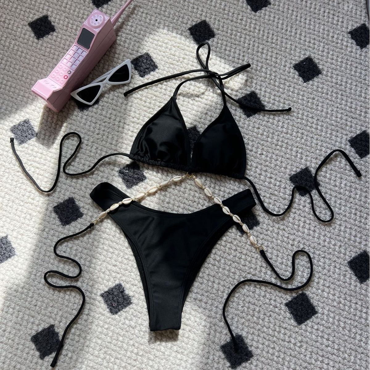 2025 European and American Plain New Sexy Shell Chain Swimsuit Swimsuit Bikini Bikini Cross-Border Export