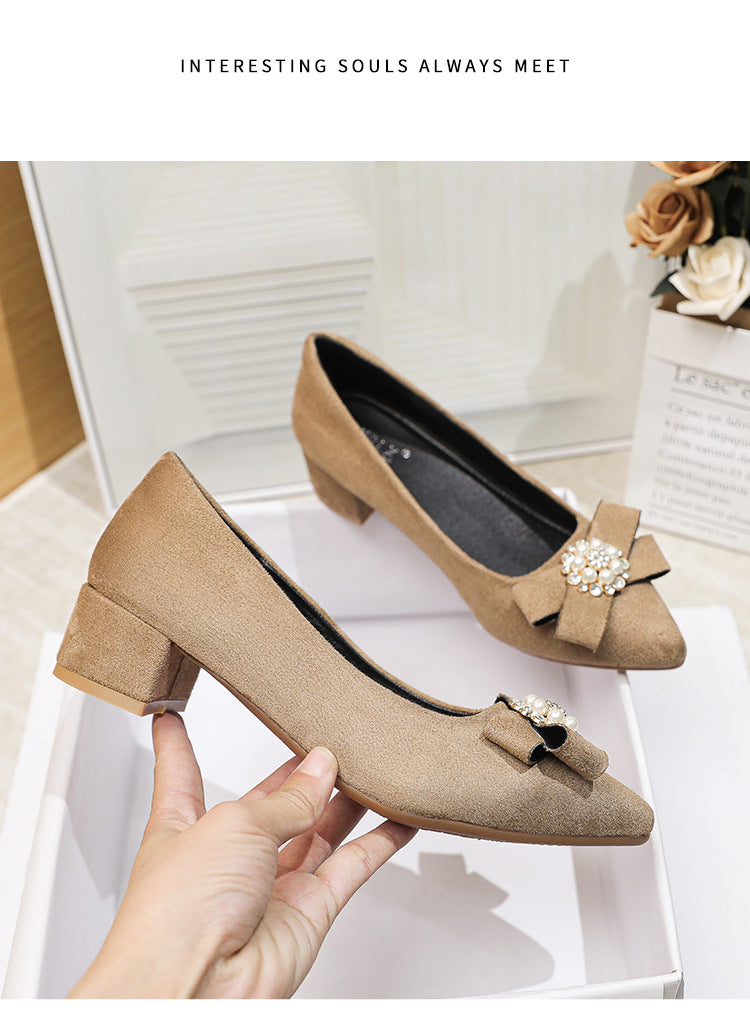 Women's Shallow Slip-On Shoes, 2026 Spring/Summer New Style, Suede with Rhinestones, Comfortable Pointed Toe High Heels, Chunky Heel Loafers