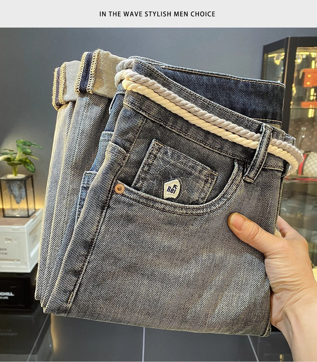 High-End Men's Jeans 2025 Autum New Slim-Fitting Small Straight Pants Trendy Brand Printed Casual Pants for Small Feet