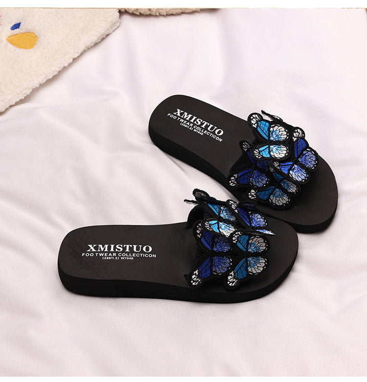 Thick-Soled Wedge-Heeled Sandals for Women, Summer Flip-Flops, Fashionable Holiday Slippers, Seaside Embroidered Butterfly Beach Shoes