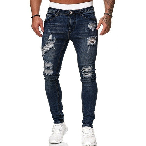 New Trendy European and American Slim-Fit Men's Jeans with Holes, Export Quality Slim-Fit Jeans for Wish Cross-Border Sales