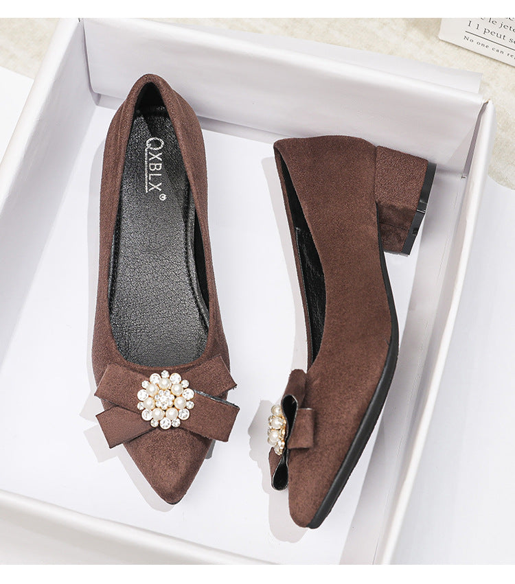 Women's Shallow Slip-On Shoes, 2026 Spring/Summer New Style, Suede with Rhinestones, Comfortable Pointed Toe High Heels, Chunky Heel Loafers