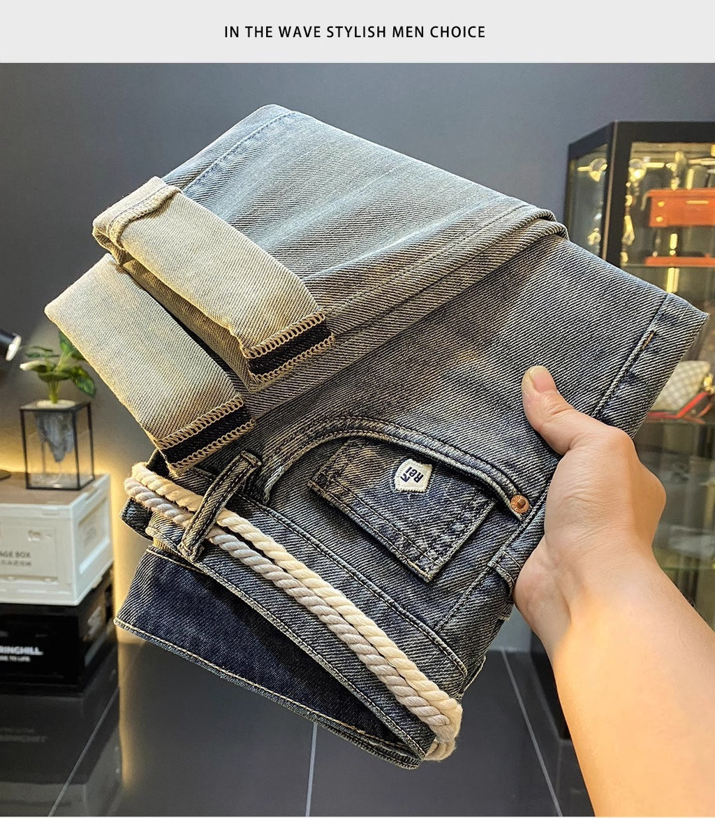 High-End Men's Jeans 2025 Autum New Slim-Fitting Small Straight Pants Trendy Brand Printed Casual Pants for Small Feet