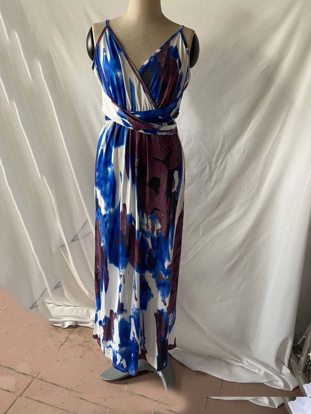 2025 Cross-Border Amazon Spring and Summer New European and American Fashion V Neck Suspender Printed Beach Dress Long Skirt
