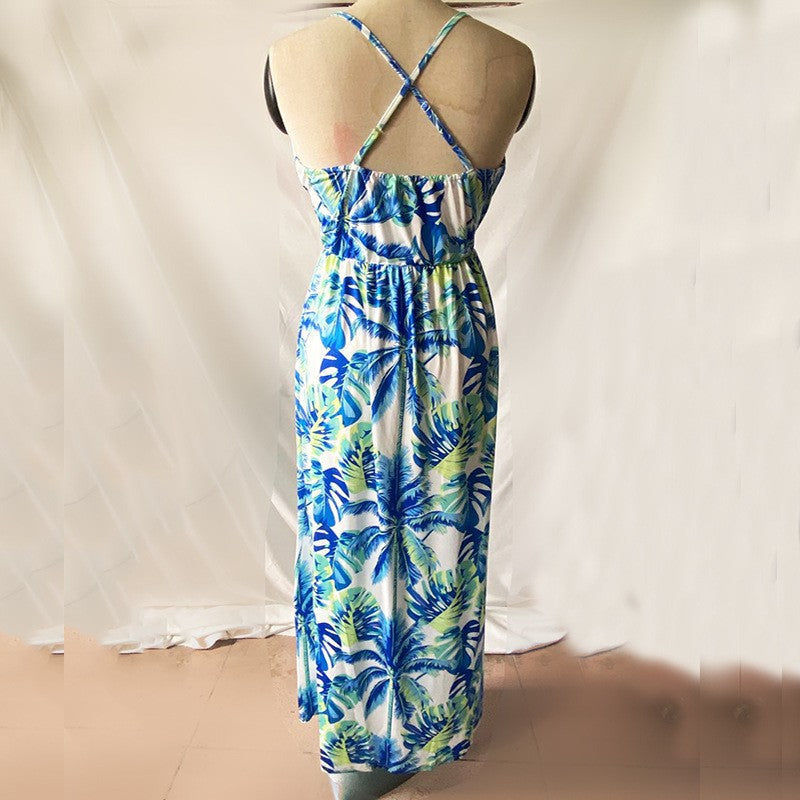 2025 Cross-Border Amazon Spring and Summer New European and American Fashion V Neck Suspender Printed Beach Dress Long Skirt
