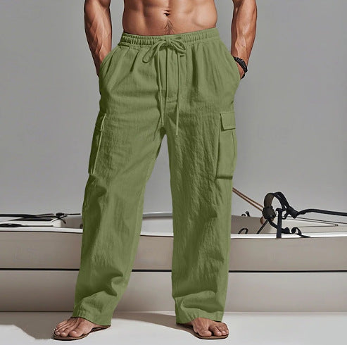 2025  Men's Solid Color plus size Cordwork Pants Drawstring Elelastic Multi-Pocket Wide Men's Casual Pants