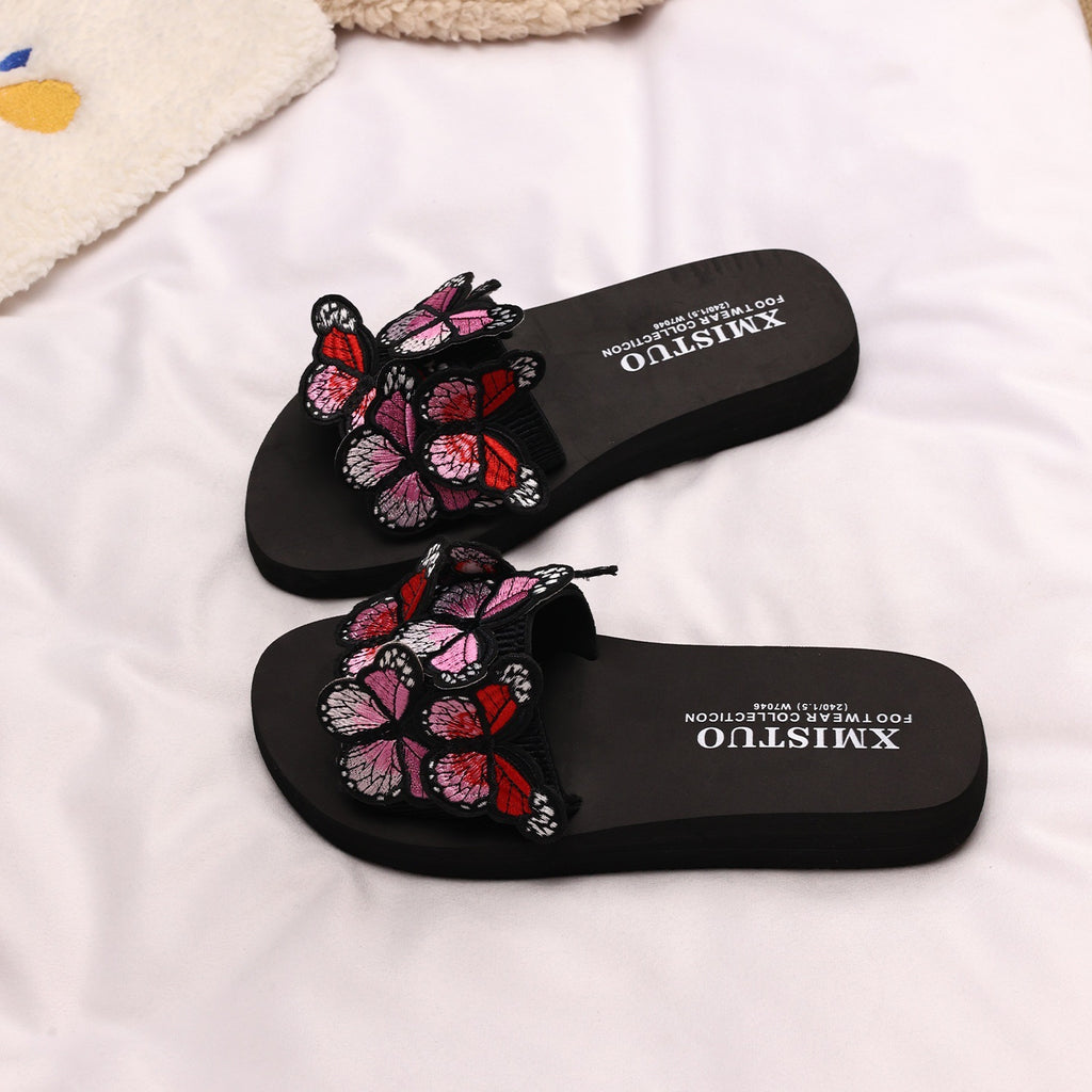 Thick-Soled Wedge-Heeled Sandals for Women, Summer Flip-Flops, Fashionable Holiday Slippers, Seaside Embroidered Butterfly Beach Shoes