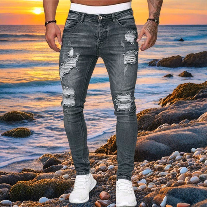 New Trendy European and American Slim-Fit Men's Jeans with Holes, Export Quality Slim-Fit Jeans for Wish Cross-Border Sales