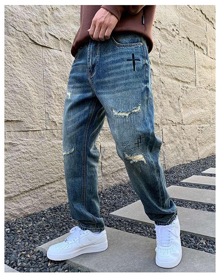 American Style Trendy Brand Ripped Jeans Men's Autumn New Duffy Handsome Trendy Niche Design Sense Loose Straight Long Pants