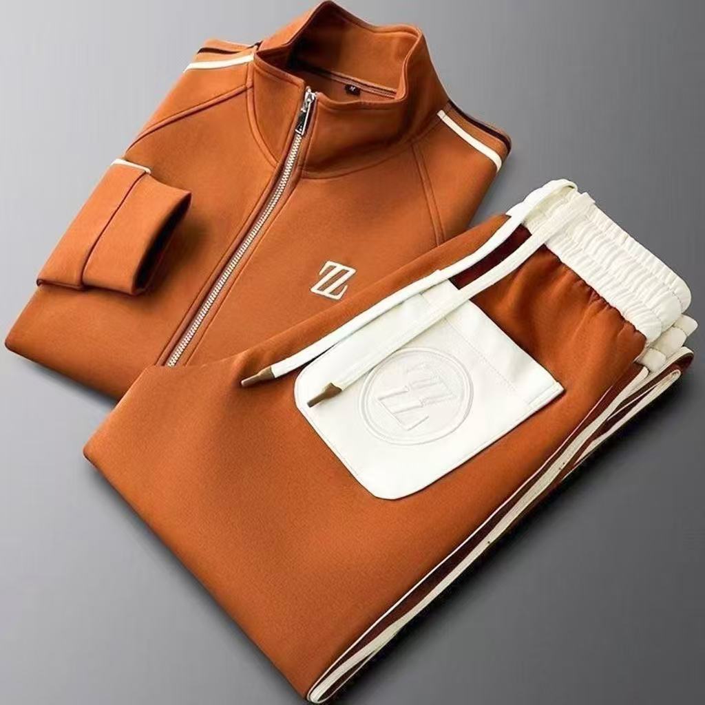Spring and Autumn New Stand Collar Casual Sports Suit Men's Fashion Sportswear Long-Sleeved Straight Pants Two-Piece Set Trendy Men