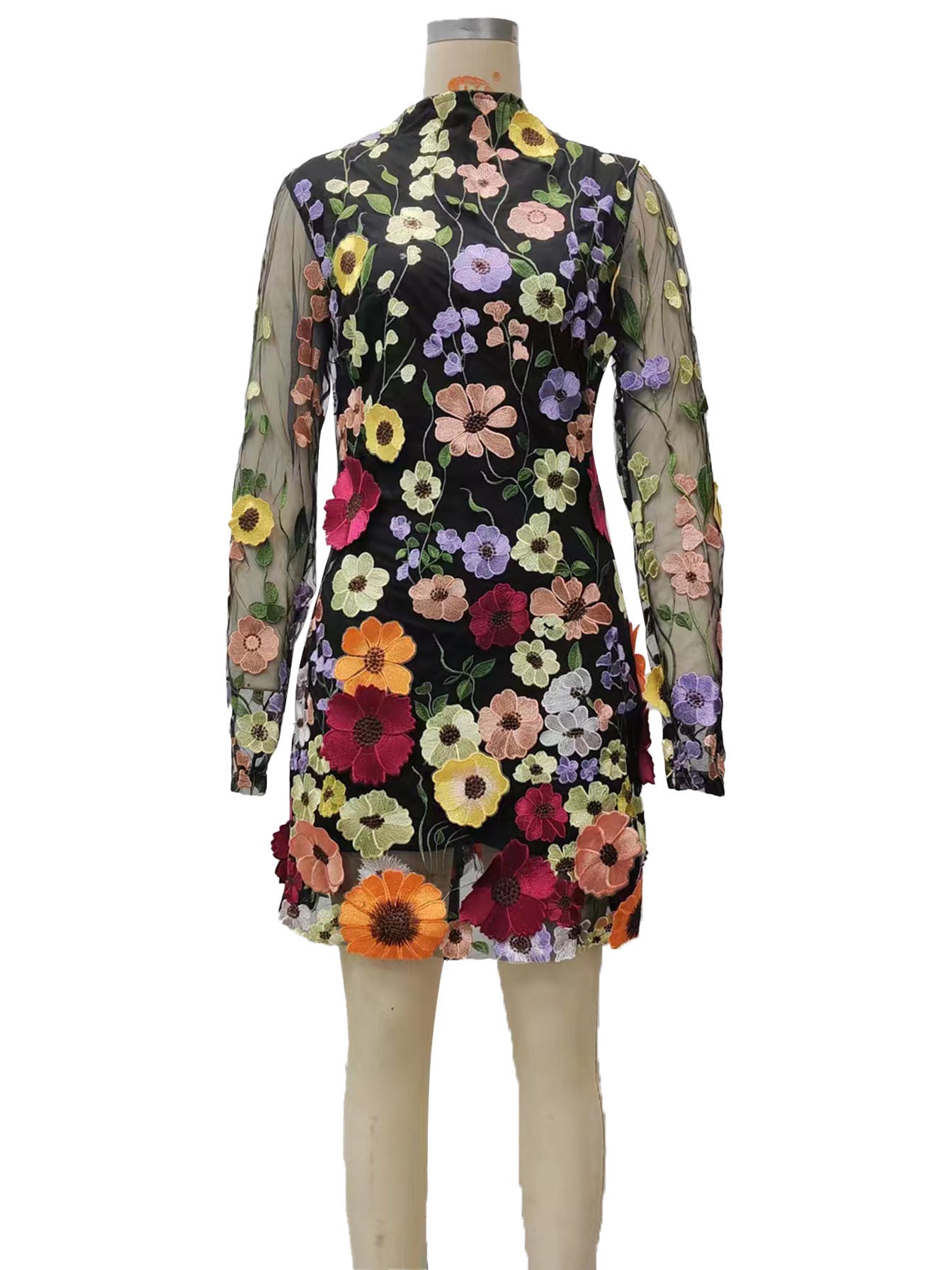 2025 Direct Sales Cross-Border European and American Three-Dimensional Flower Mesh Lace Embroidery Hip-Covering Slimming Sexy Dress