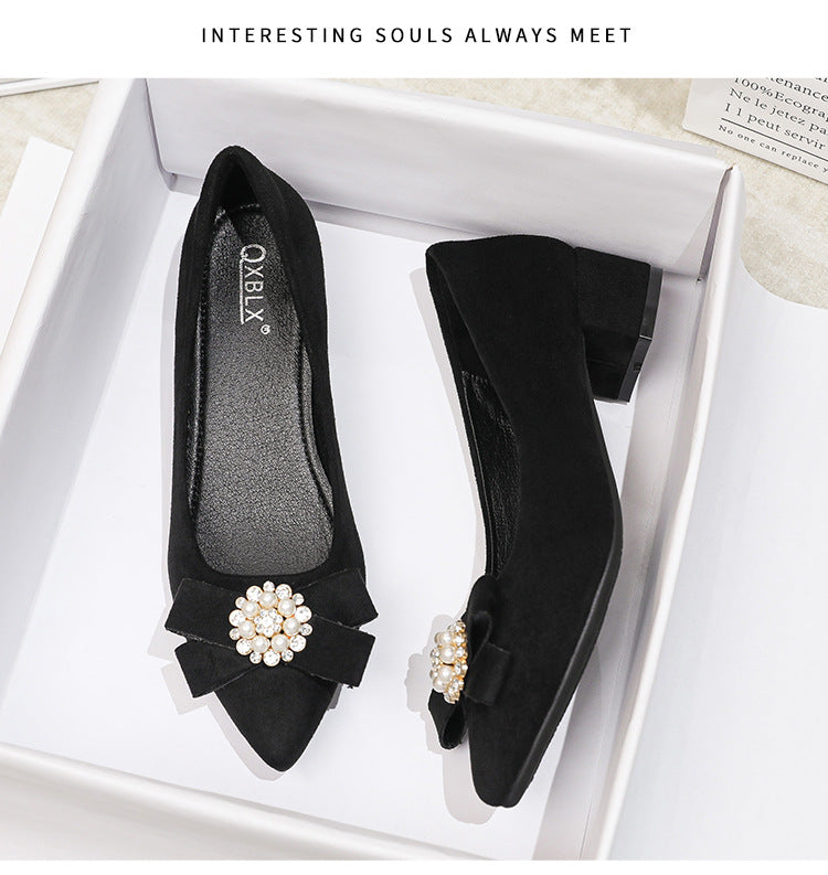 Women's Shallow Slip-On Shoes, 2026 Spring/Summer New Style, Suede with Rhinestones, Comfortable Pointed Toe High Heels, Chunky Heel Loafers