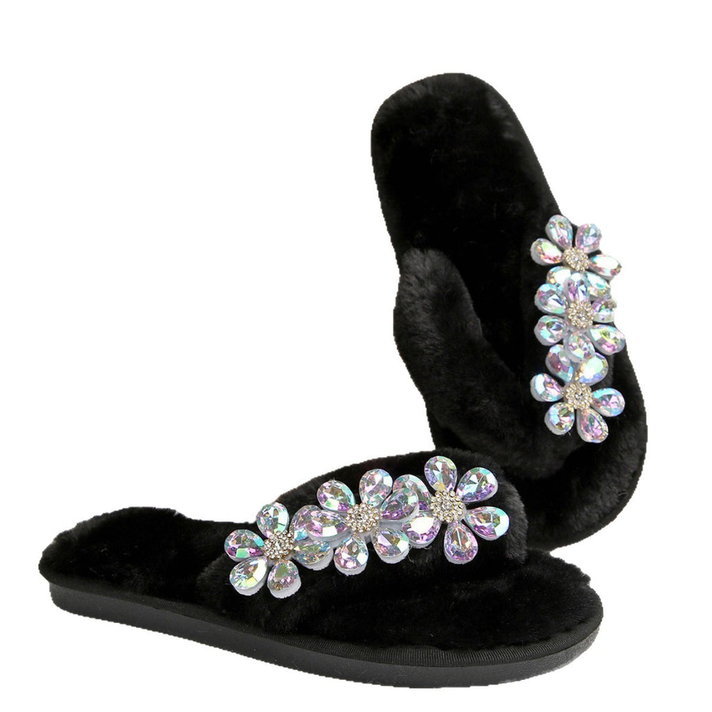 Cross-Border Foreign Trade Amazon Women's Flip-Flops with Large Flower Rhinestones, Comfortable Soft-Soled Slippers, Women's Large Size Flip-Flops