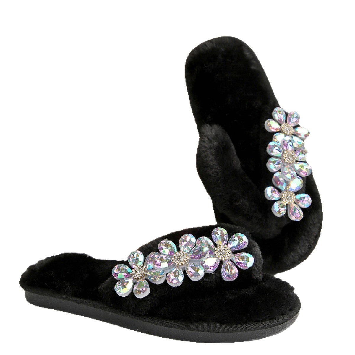 Cross-Border Foreign Trade Amazon Women's Flip-Flops with Large Flower Rhinestones, Comfortable Soft-Soled Slippers, Women's Large Size Flip-Flops