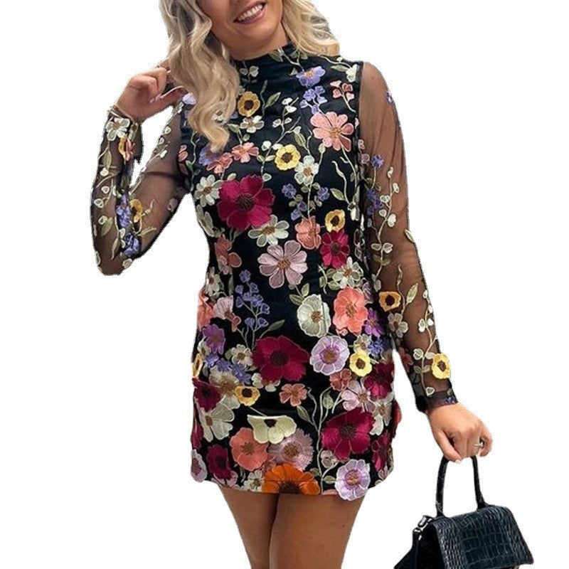 2025 Direct Sales Cross-Border European and American Three-Dimensional Flower Mesh Lace Embroidery Hip-Covering Slimming Sexy Dress