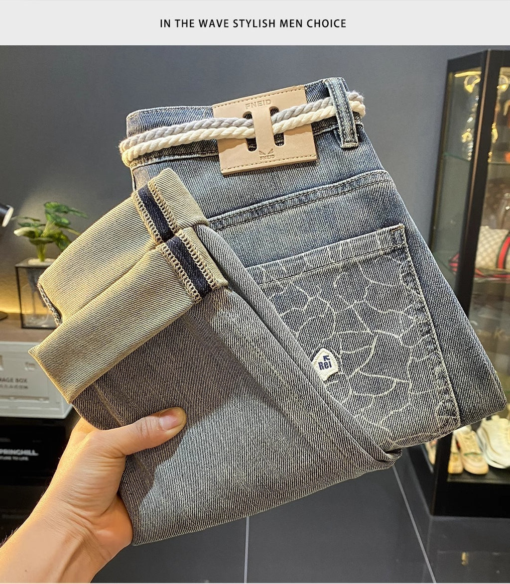 High-End Men's Jeans 2025 Autum New Slim-Fitting Small Straight Pants Trendy Brand Printed Casual Pants for Small Feet