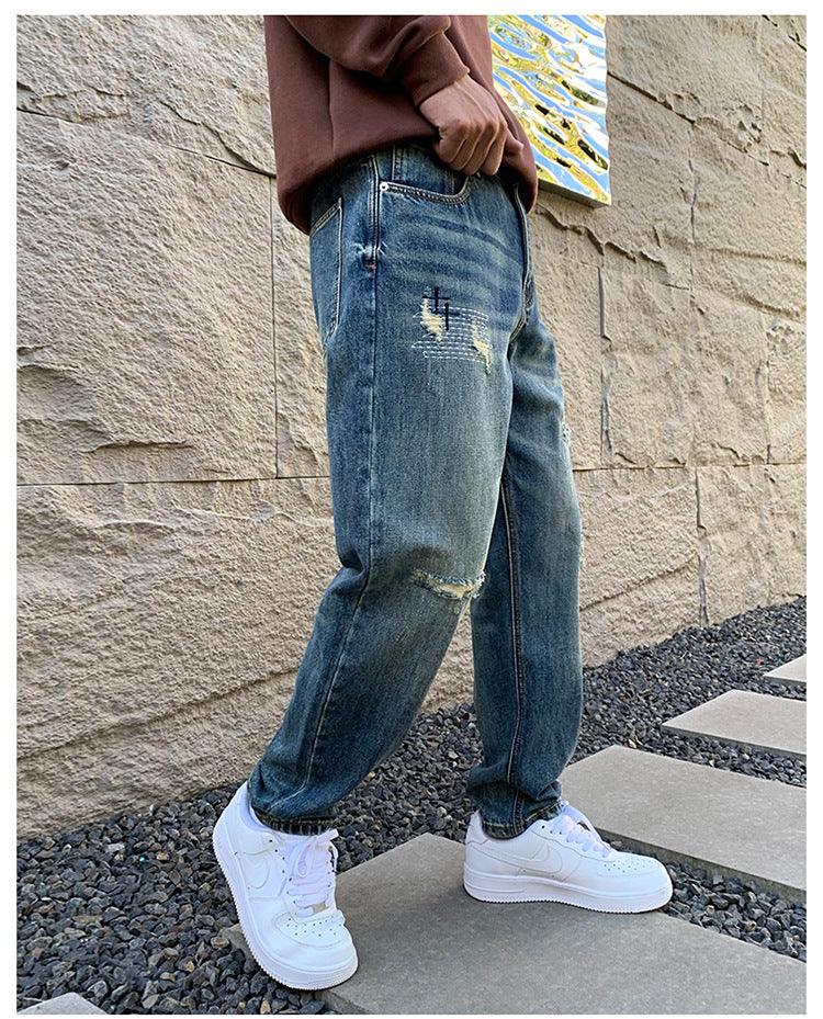 American Style Trendy Brand Ripped Jeans Men's Autumn New Duffy Handsome Trendy Niche Design Sense Loose Straight Long Pants