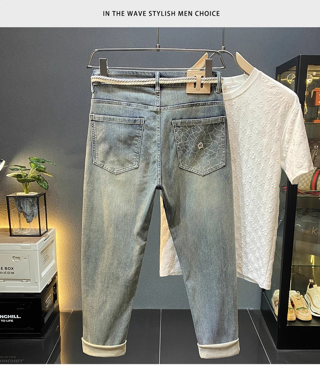 High-End Men's Jeans 2025 Autum New Slim-Fitting Small Straight Pants Trendy Brand Printed Casual Pants for Small Feet