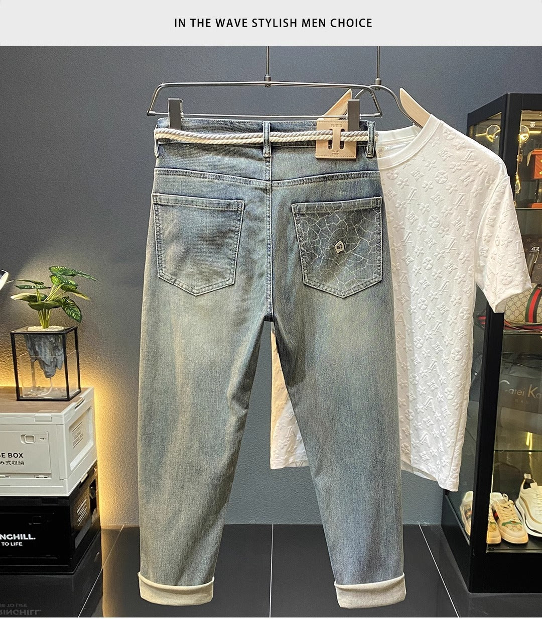 High-End Men's Jeans 2025 Autum New Slim-Fitting Small Straight Pants Trendy Brand Printed Casual Pants for Small Feet