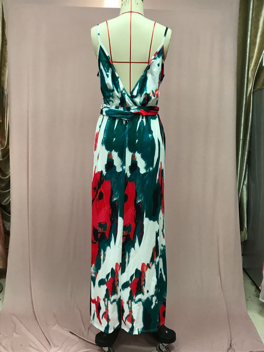 2025 Cross-Border Amazon Spring and Summer New European and American Fashion V Neck Suspender Printed Beach Dress Long Skirt