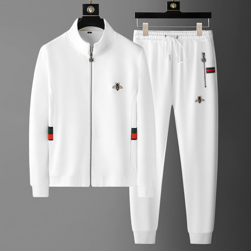 Casual Suit Men's Autumn New Roman Collar Embroidered Bee Jacket Fashionable Brand Youth Sportswear Two-piece Set