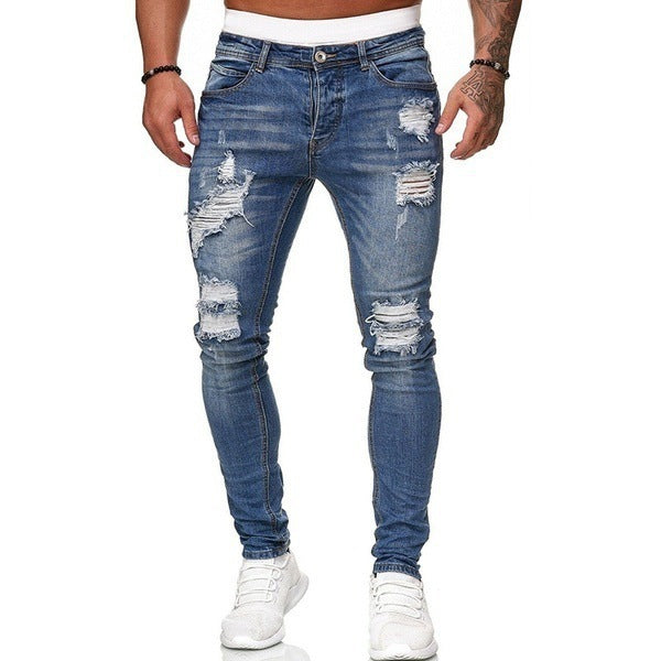 New Trendy European and American Slim-Fit Men's Jeans with Holes, Export Quality Slim-Fit Jeans for Wish Cross-Border Sales