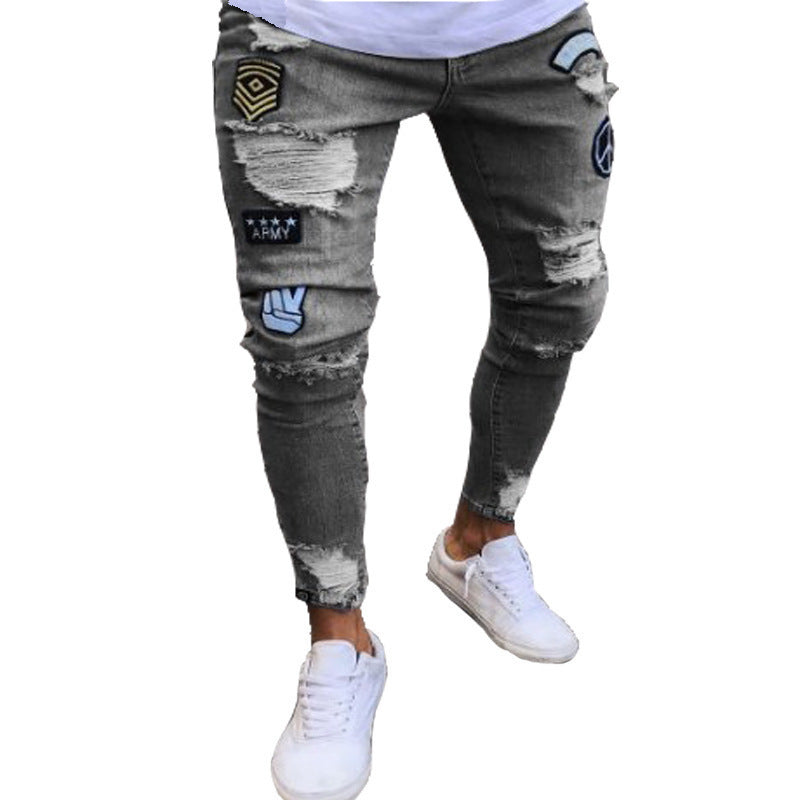 New Trendy European and American Slim-Fit Men's Jeans with Holes, Export Quality Slim-Fit Jeans for Wish Cross-Border Sales