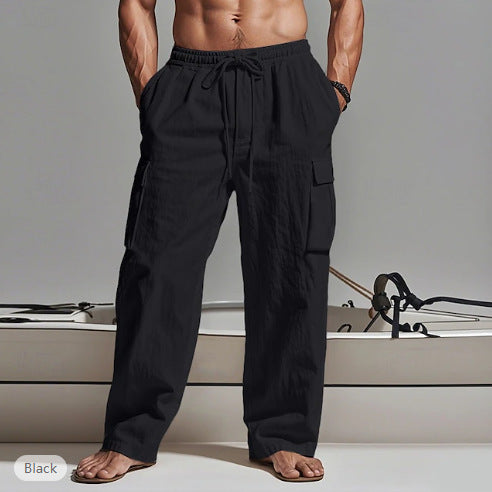 2025  Men's Solid Color plus size Cordwork Pants Drawstring Elelastic Multi-Pocket Wide Men's Casual Pants