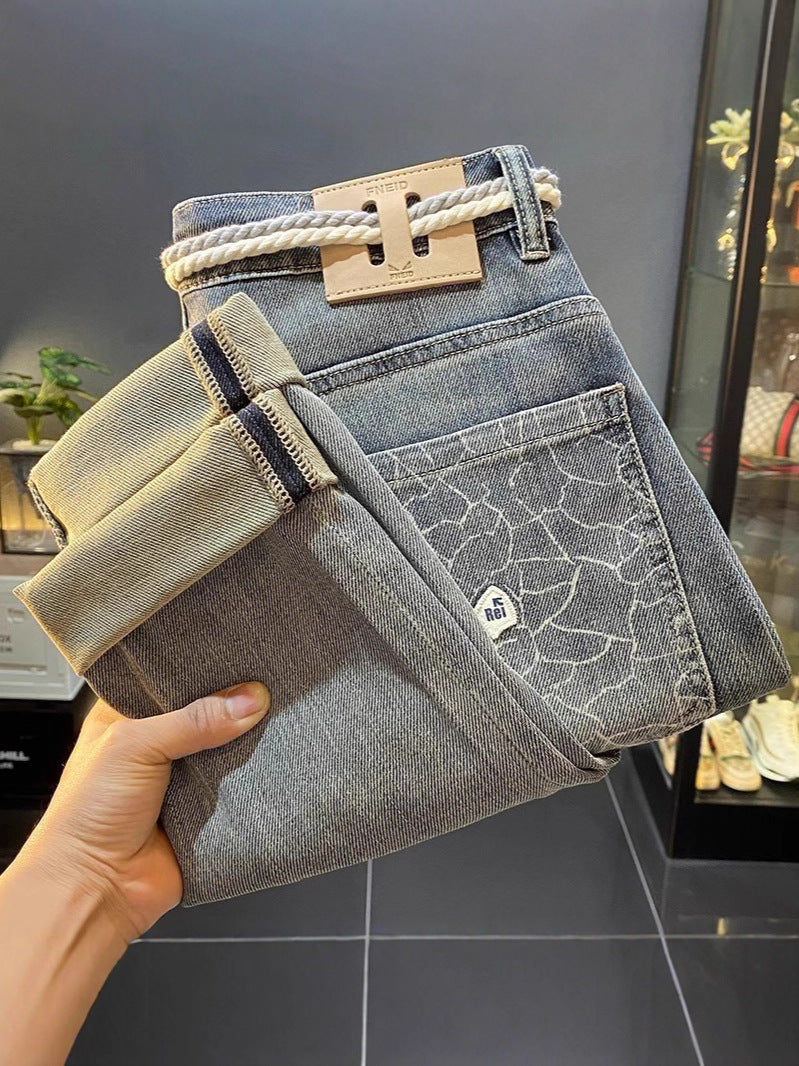 High-End Men's Jeans 2025 Autum New Slim-Fitting Small Straight Pants Trendy Brand Printed Casual Pants for Small Feet