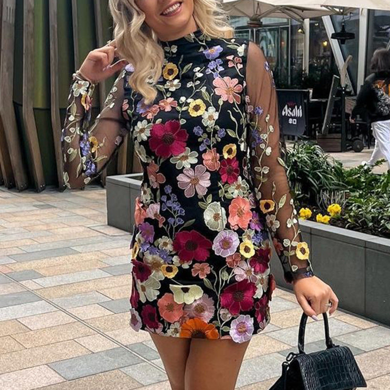 2025 Direct Sales Cross-Border European and American Three-Dimensional Flower Mesh Lace Embroidery Hip-Covering Slimming Sexy Dress