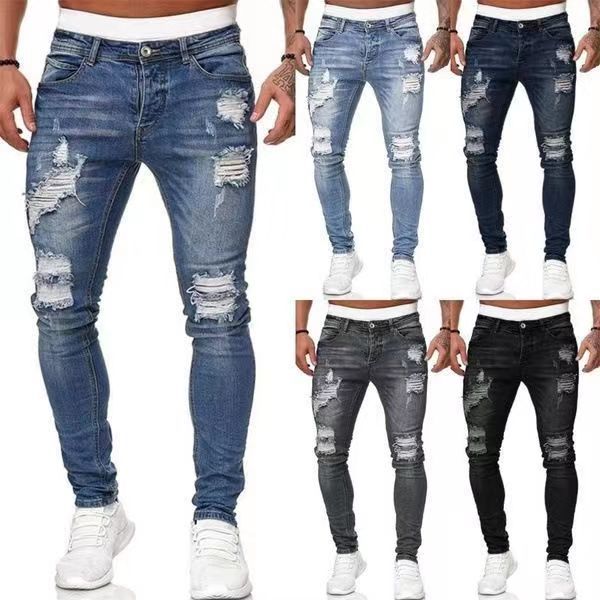 New Trendy European and American Slim-Fit Men's Jeans with Holes, Export Quality Slim-Fit Jeans for Wish Cross-Border Sales