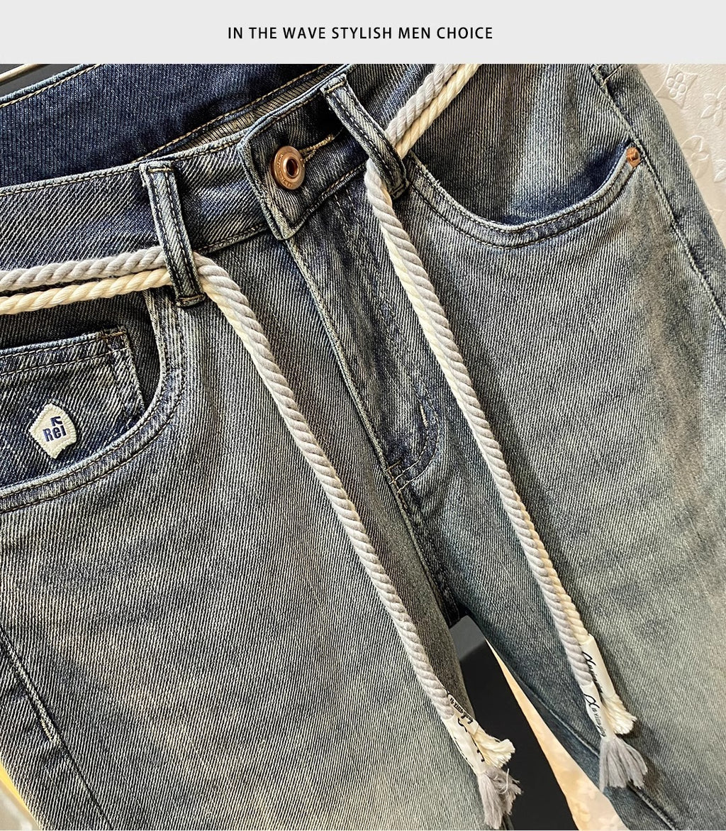 High-End Men's Jeans 2025 Autum New Slim-Fitting Small Straight Pants Trendy Brand Printed Casual Pants for Small Feet