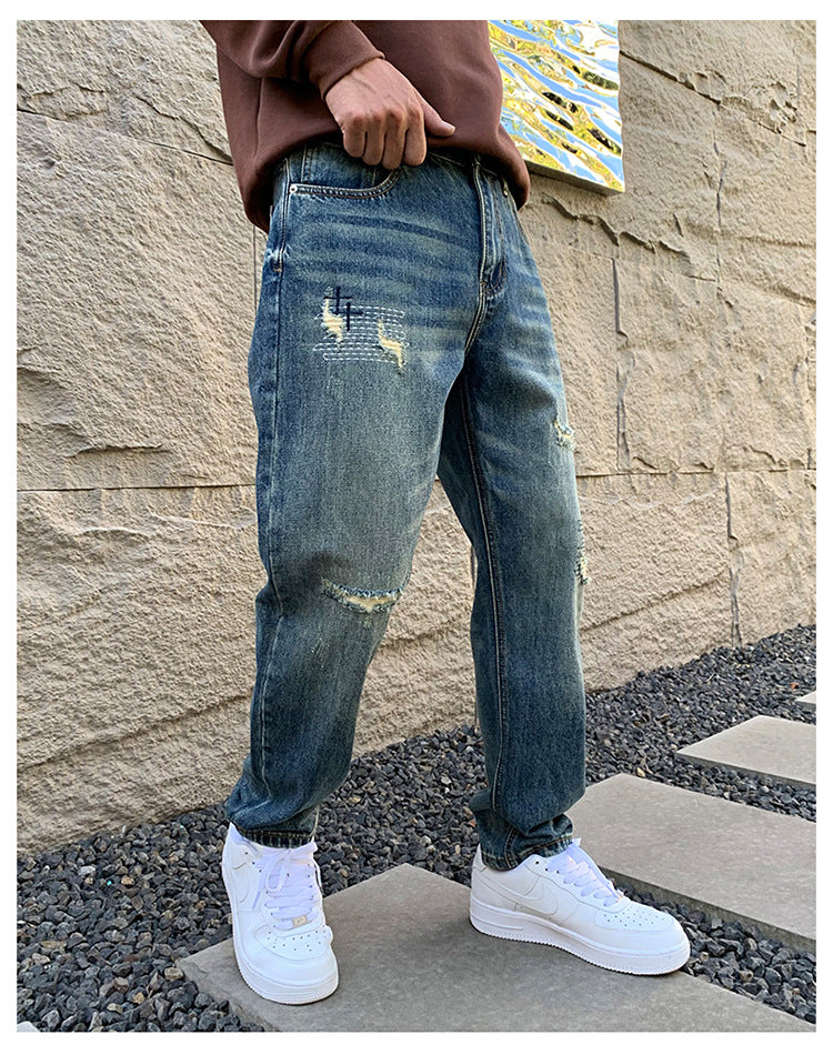 American Style Trendy Brand Ripped Jeans Men's Autumn New Duffy Handsome Trendy Niche Design Sense Loose Straight Long Pants