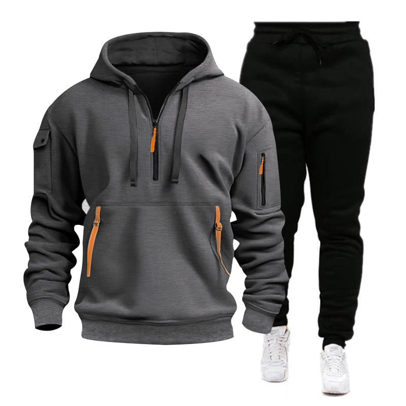 Cross-border Autumn and Winter Sports Sweater suit Men's Multi-pocket Zipper Hoodie Sportswear suit Sweater Light Plate