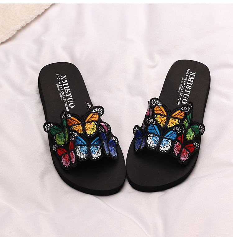 Thick-Soled Wedge-Heeled Sandals for Women, Summer Flip-Flops, Fashionable Holiday Slippers, Seaside Embroidered Butterfly Beach Shoes